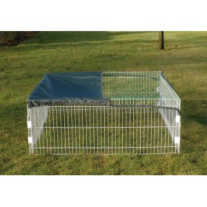 Dobar Freilaufgehege-Set, 4-eckig, mit Schutznetz und Holzhaus für Kleintiere im Garten.