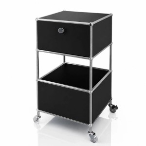 Schwarzes Floordirekt Metall-Aufbewahrungsregal Concept Epure MK-145 mit 3 Ebenen, Schublade und Rollen.