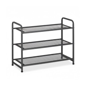 Schwarzes Stahl Schuhregal mit 3 Gitterablagen für 6 Paar Schuhe. Platzsparend, verstellbar, ideal für Flur & Garderobe.