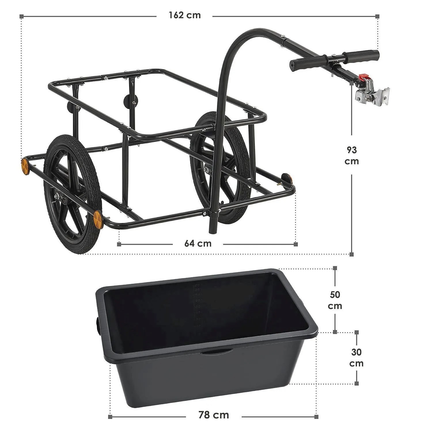 Juskys Fahrradanhänger mit Stahlrahmen, 90L Kunststoffwanne und Kupplung. Ideal für Lasten bis 40kg.