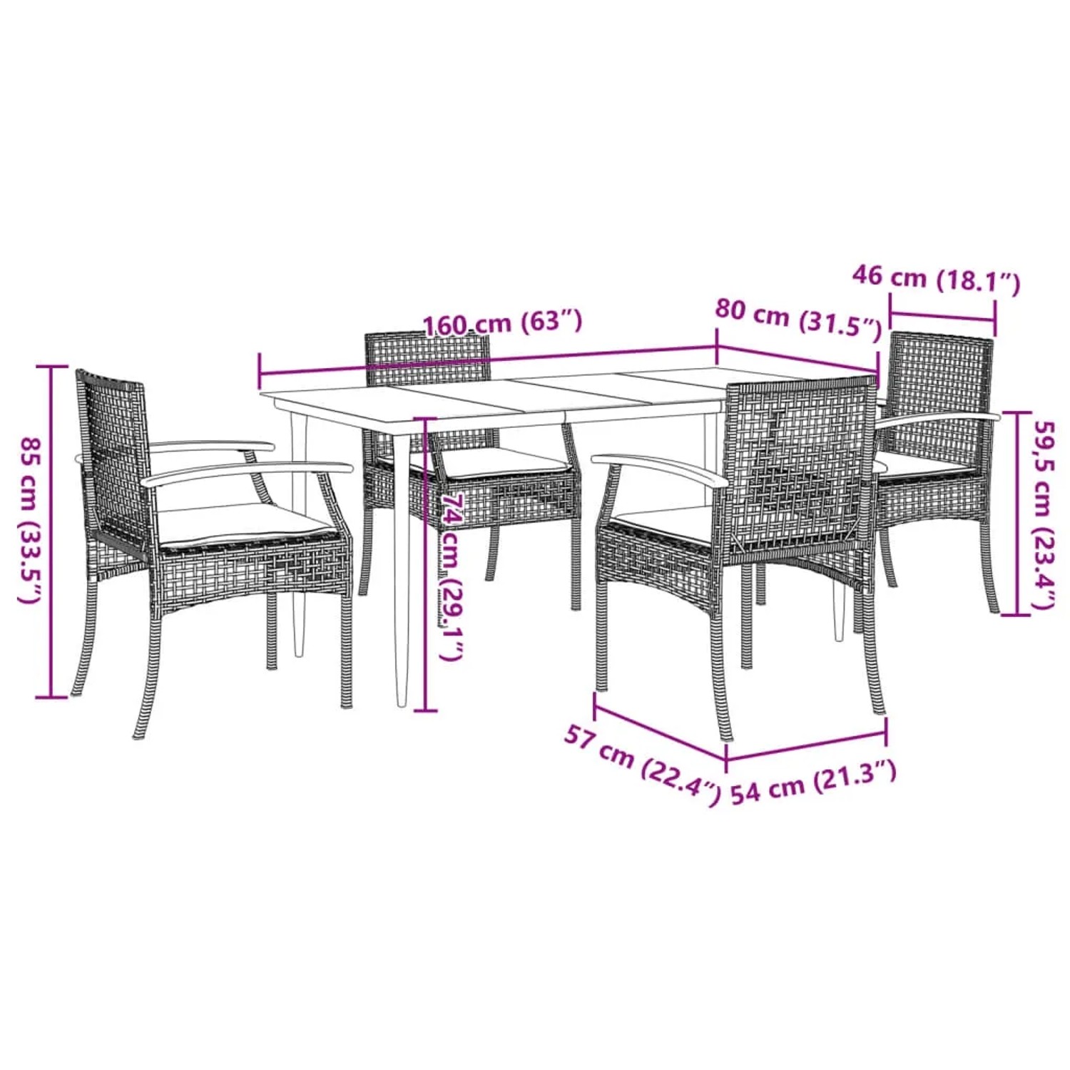 vidaXL 5-tlg. Garten-Essgruppe aus schwarzem Poly Rattan mit Tisch und 4 Stühlen mit cremefarbenen Kissen.