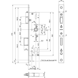 Technisches Diagramm BKS Rohrrahmenschloss U-Stulp, Dornmaß 45 mm. Maße, Stahlkasten, Edelstahlstulp. Für Feuerschutztüren.