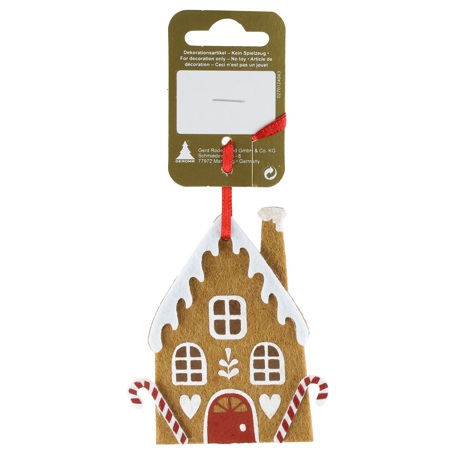 Weihnachts-Deko Lebkuchenhaus aus Filz 7 cm x 9 cm Braun-Weiß