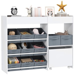 AIYAPLAY Kinderregal mit Stoffboxen, weißes MDF, 105x30x80 cm. Ideal zur Aufbewahrung von Spielzeug und Büchern.