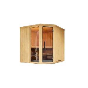Weka Element-Ecksauna Varberg mit Glastür und Fenster, Fichtenholz natur, ohne Ofen.