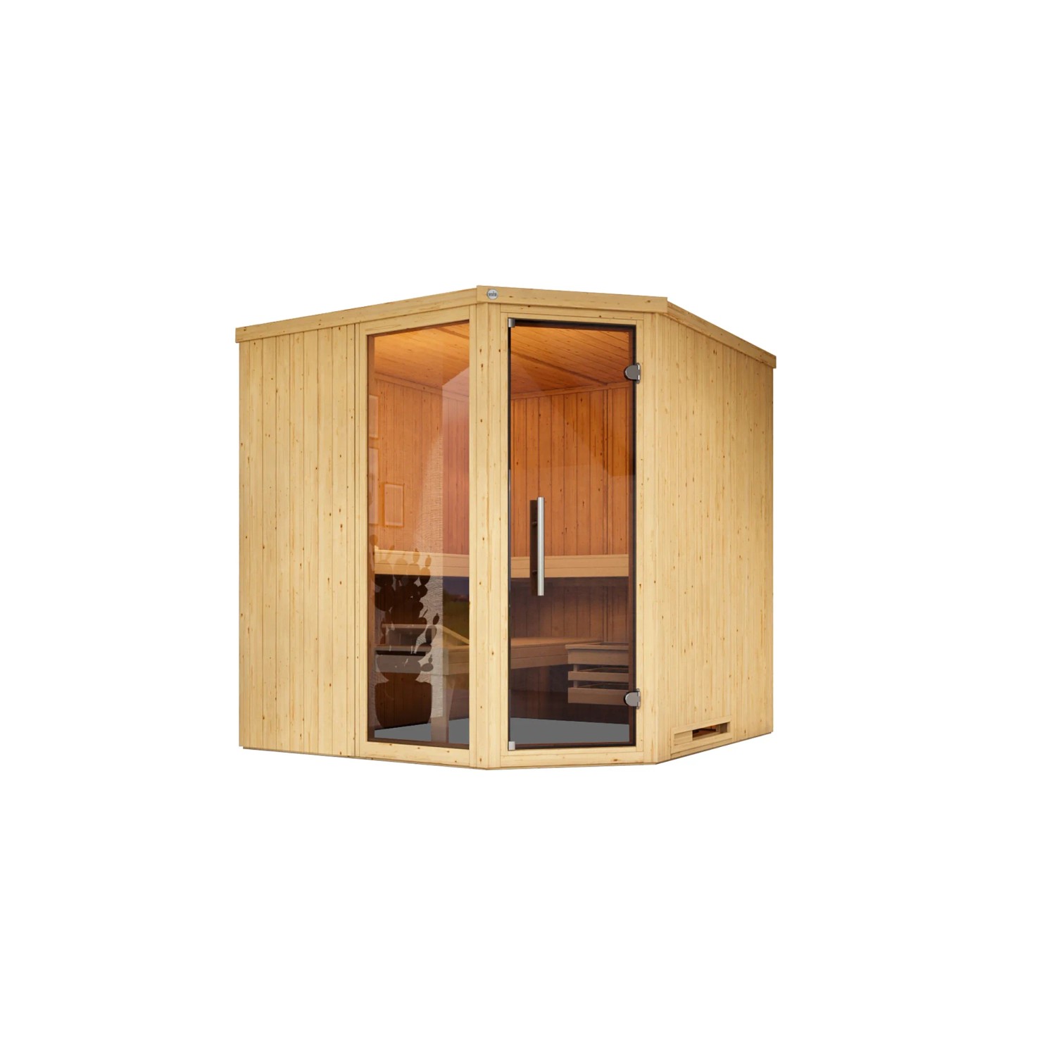 Weka Element-Ecksauna Varberg mit Glastür und Fenster, Fichtenholz natur, ohne Ofen.