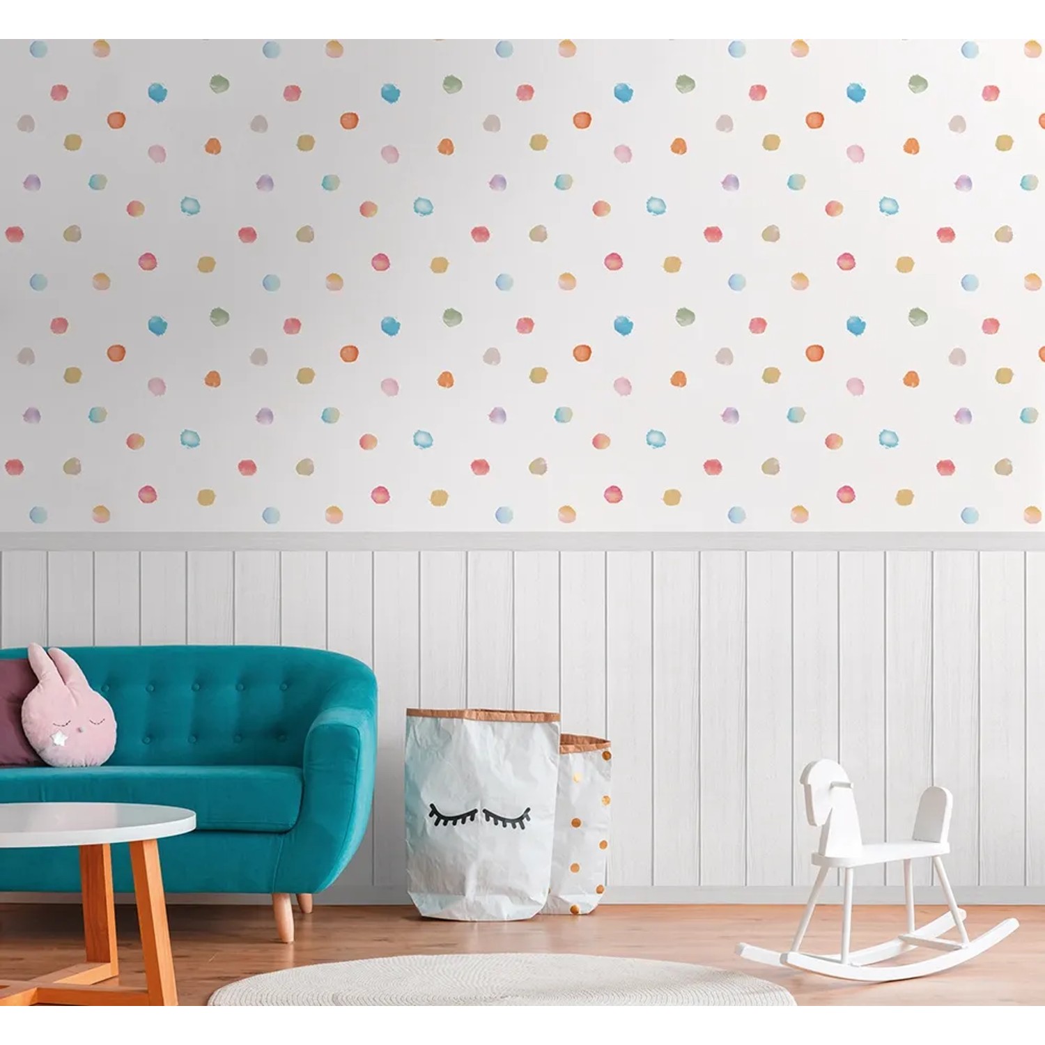 A.S. Création Vliestapete Wallpanel mit bunten Punkten im Kinderzimmer.