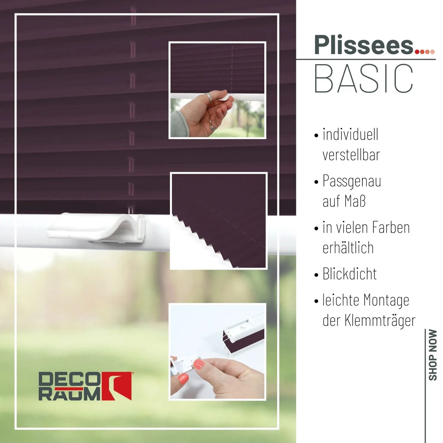 Violettes Deco-Raum Plissee Basic 95x210cm ohne Bohren mit Klemmfix-Montage, blickdicht.