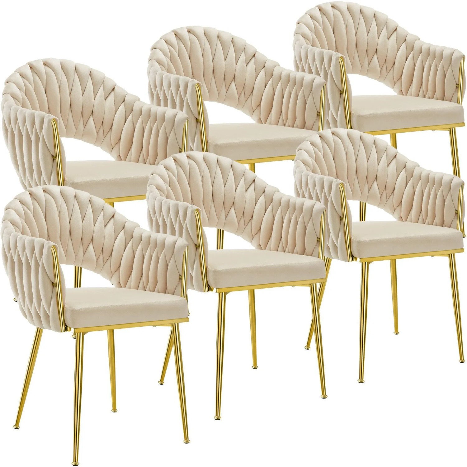 Tectake Esszimmerstuhl Caslano Gepolstert  Mit Samtbezug Durchgehende Lehne Im Flechtdesign 6Er Set 57 x 55 x 84 cm Sandfarben Gold
