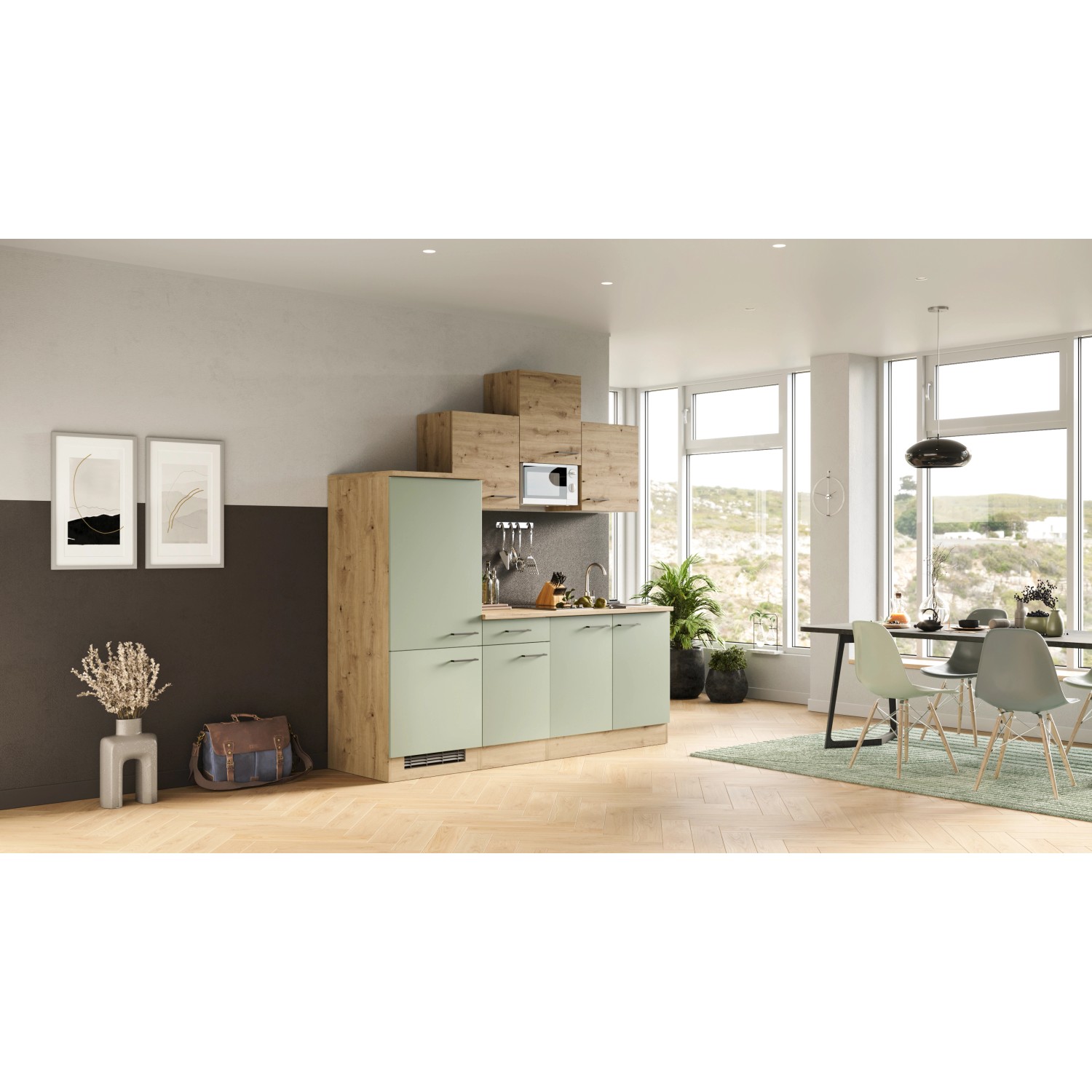 Flex-Well Küche Cara in Schilfgrün/Artisan Eiche, 210 cm breit, mit E-Geräten wie Kühlschrank und Mikrowelle.