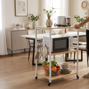 Relaxdays Küchenrollwagen MDF Stahl Natur mit Rollen 3 Ebenen 89 cm x 60 cm x 40 cm