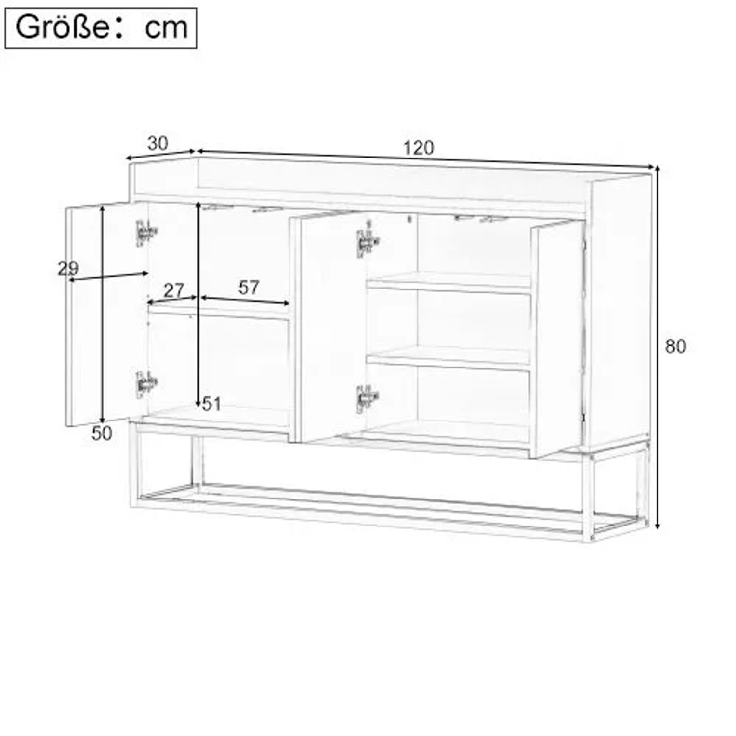 Skizze: PXloue Buffetschrank, Sideboard mit Maßen, 4-türig, für Ess- und Wohnzimmer, Küche.