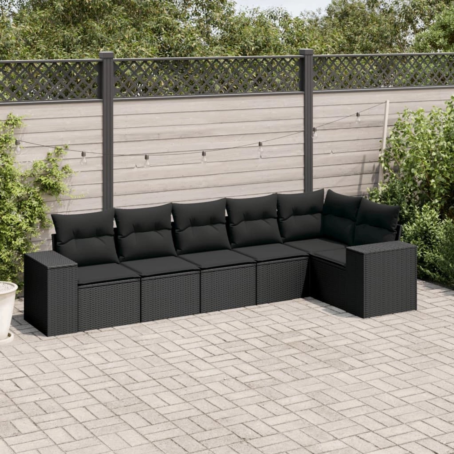 Schwarze 6-teilige Garten-Sofagarnitur aus Rattan mit Kissen für Terrasse und Garten.