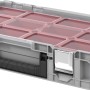 Keter Connect System Cantilever Organizer Werkzeugkoffer mit transparentem Deckel und roten Fächern.