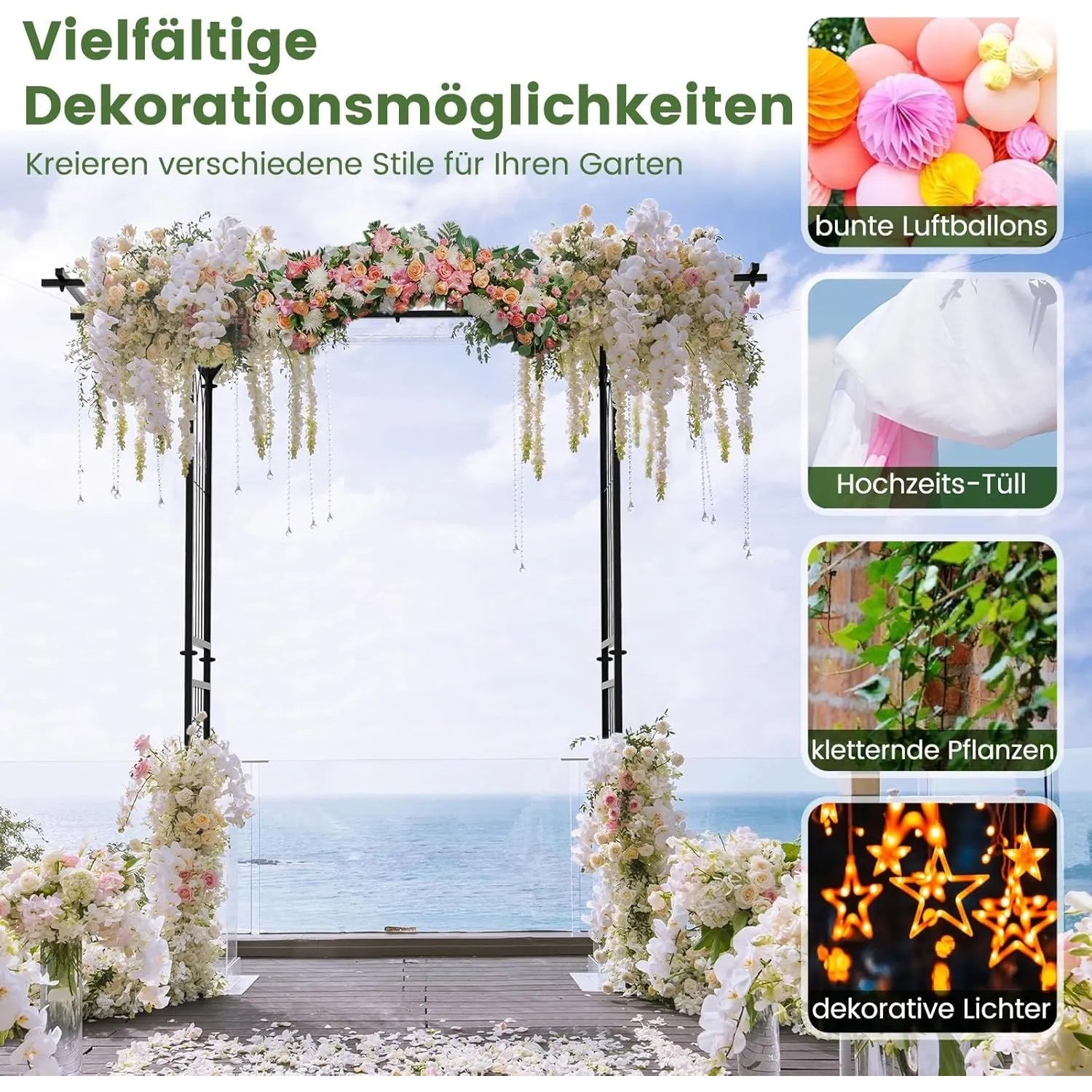Costway Rosenbogen aus Metall, dekoriert mit Blumen und Lichtern, ideal als Rankhilfe und Gartendeko.
