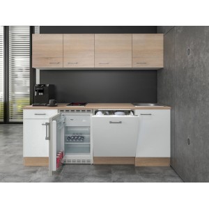 Flex-Well Classic Büroküche Florida, 210 cm, Weiß und Sonoma Eiche mit E-Geräten.