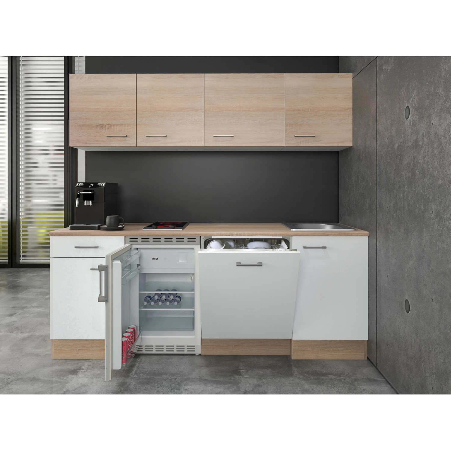 Flex-Well Classic Büroküche Florida 210 cm Weiß-Sonoma Eiche