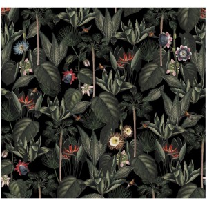 Art for the Home Fototapete Yara, 280x300 cm, mit tropischen Pflanzen und Blüten auf schwarzem Grund.