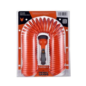 FUXTEC Spiralschlauchset FX-SPS1: orange, 15m Spiralschlauch mit Multifunktionsbrause, in transparenter Verpackung. Gartenschlauch.
