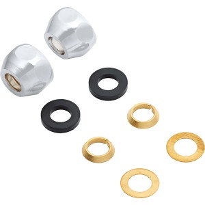 Quetschüberwurfmutter Set: 2 Chrom-Muttern, Dichtungen und Einlegeringe für 10 mm Rohre.