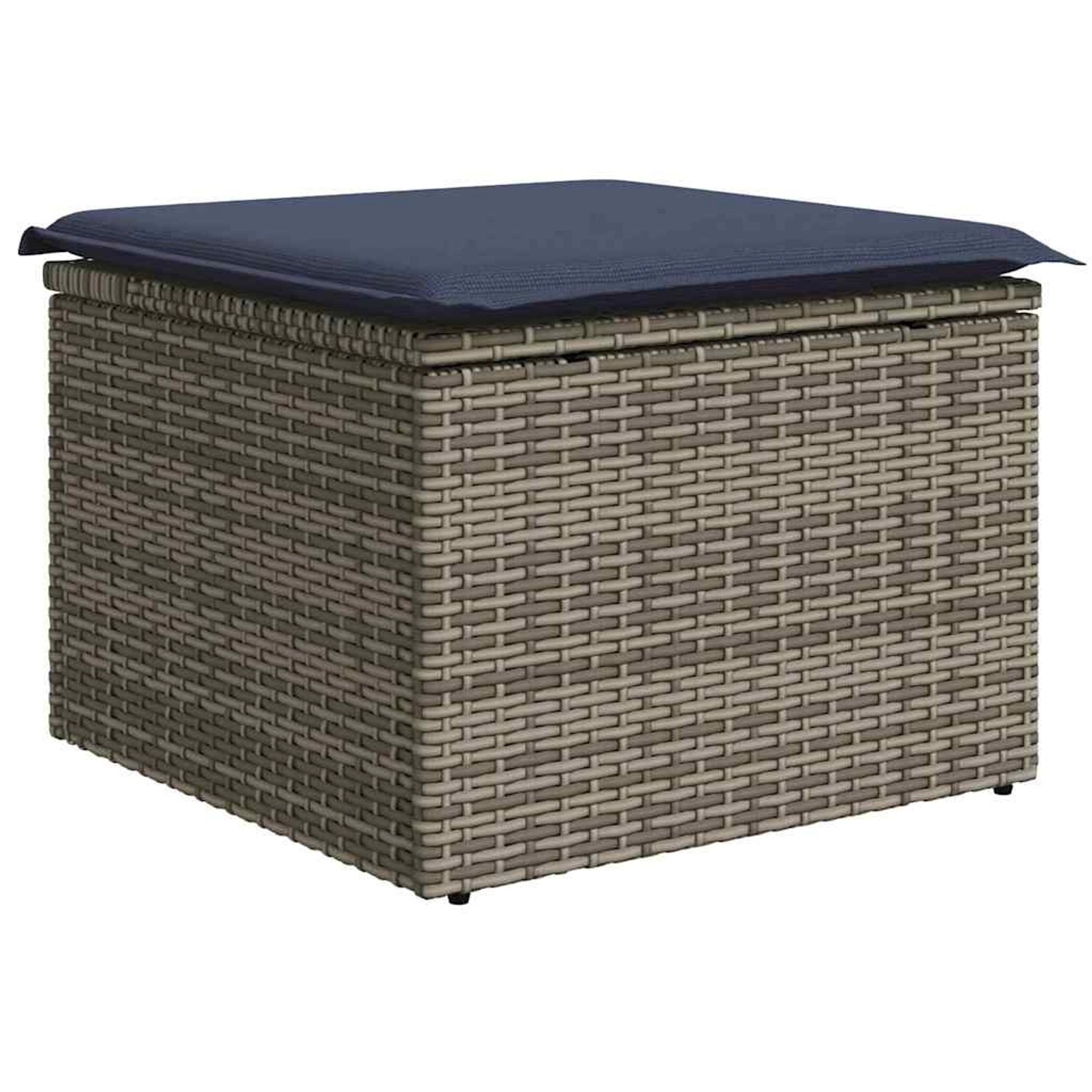 Grauer vidaXL Gartenmöbel Hocker aus Polyrattan mit blauem Kissen. Teil einer Sofagarnitur.