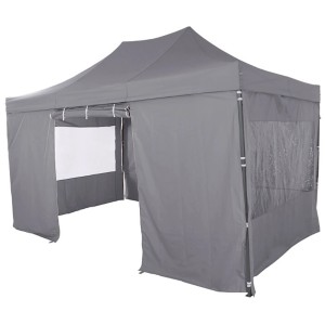 Grauer Siena Garden Allrounder Pavillon 300x450 cm mit Seitenteilen und Panoramafenstern.