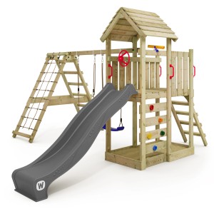 Wickey Spielturm RocketFlyer mit Rutsche, Schaukel und Kletterwand in Anthrazit.