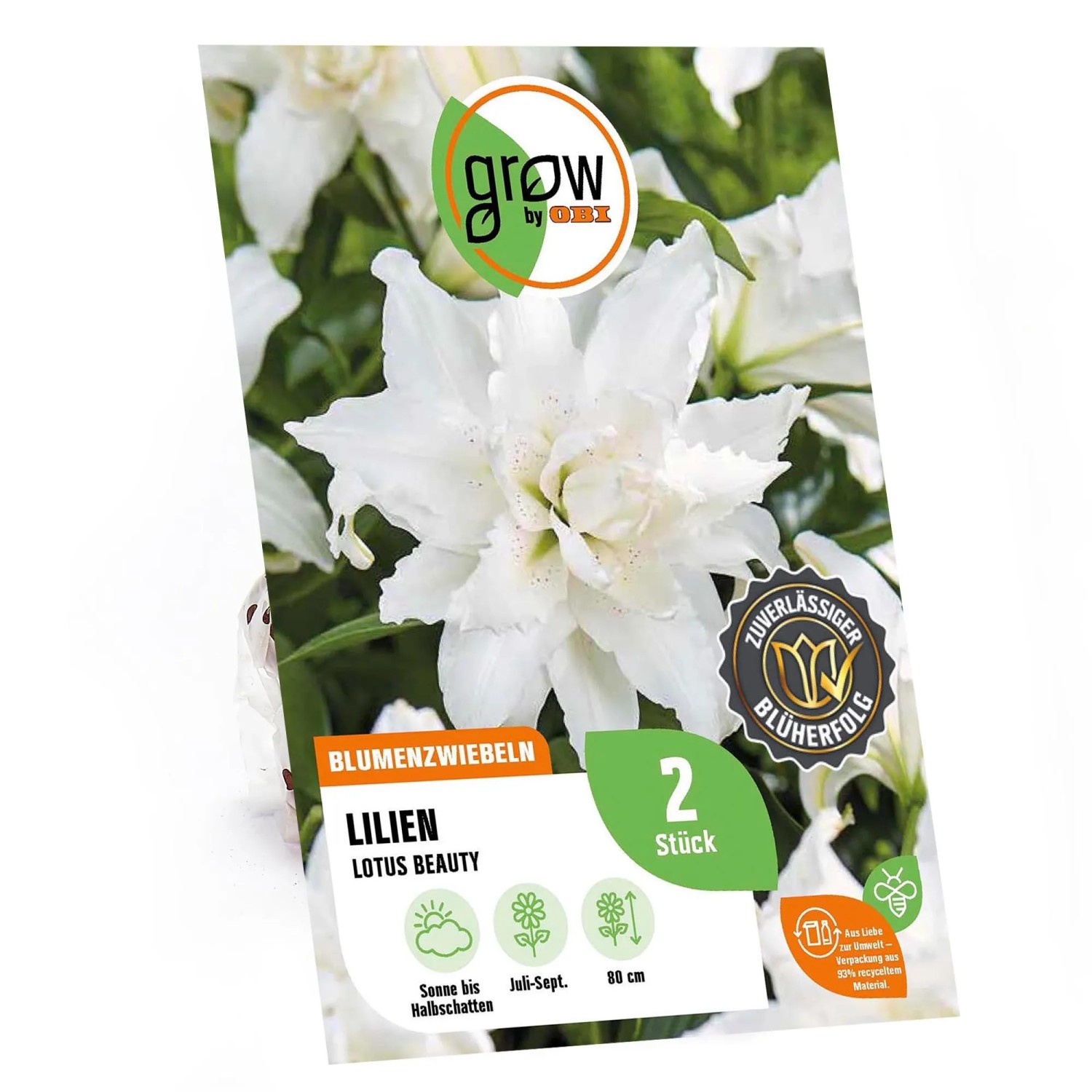 Verpackung der Lilie Oriental Lotus Beauty von GROW by OBI mit weißer Blüte. Blumenzwiebeln für Beet und Topf.