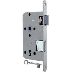 Zimmertürschloss Buntbart, gefälzt, DIN rechts, silberfarben mit Schlüssel.