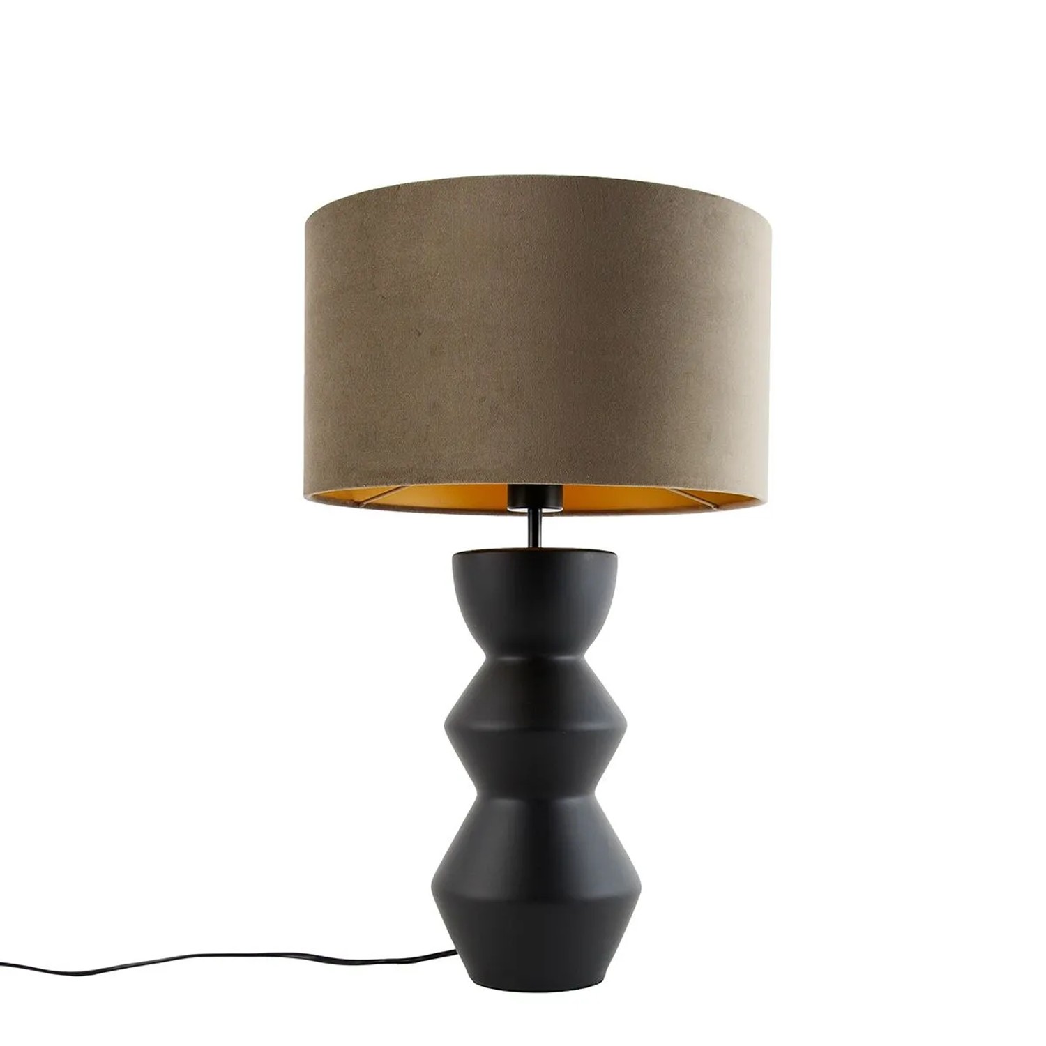 QAZQA Design Tischleuchte Schwarz Samt Schirm Taupe mit Gold 35 cm Alisia