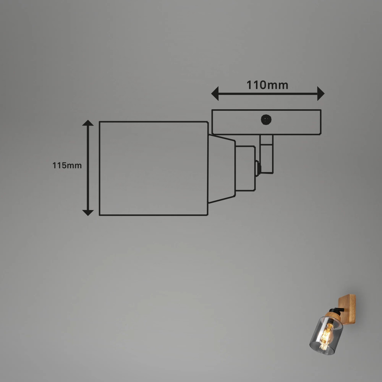Briloner Wandleuchte Royk: Schwenkbarer Spot mit Holzbasis und Rauchglas, E27 Fassung, Maße.