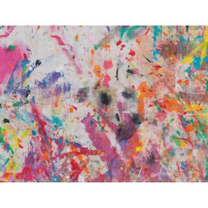 Bunte Fototapete mit abstrakten Farbklecksen in Leinwandoptik für Wohn- und Kinderzimmer.