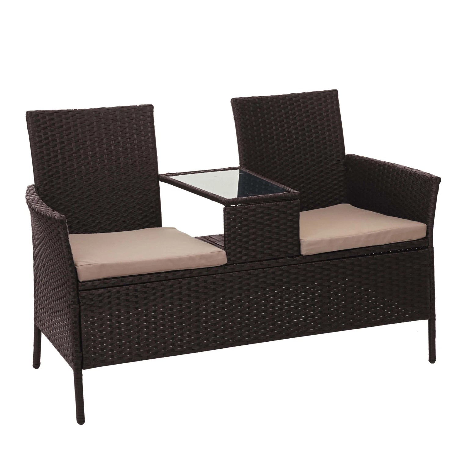 MCW Poly-Rattan Sitzbank mit Tisch E24 Braun Kissen Creme