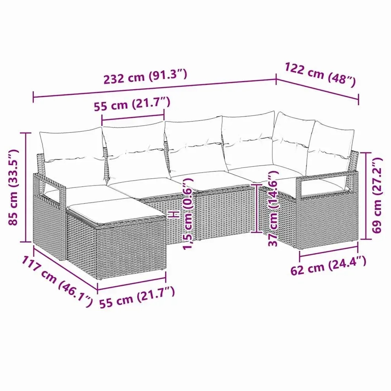 Beiges 6-teiliges Garten-Sofa-Set aus Polyrattan von vidaXL mit Maßangaben.