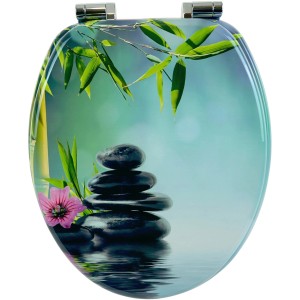 Sanfino WC-Sitz Asia II mit Absenkautomatik, Holz, türkis-blaues Stein-Blätter-Motiv.