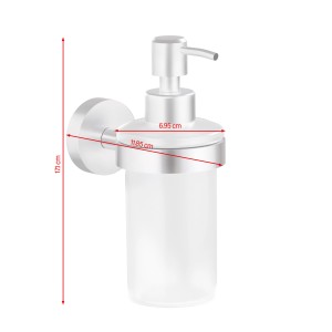 Tesa Moon Seifenspender in Edelstahloptik mit Wandhalterung und Maßangaben.