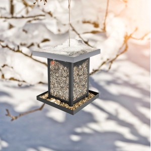 Vogelfuttersilo View aus Metall mit transparentem Korpus, gefüllt mit Vogelfutter.