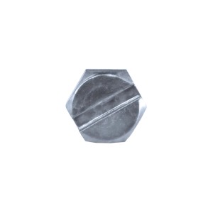 Silberne GOEBEL Blechschraube mit Sechskantkopf und Längsschlitz aus Edelstahl A2, 4,2x16 mm.