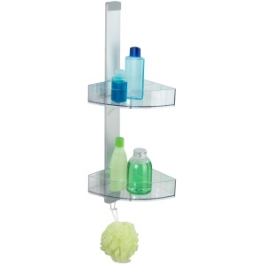 Wenko Eck-Duschcaddy Premium, silber matt, mit zwei Ablagen und Duschutensilien.