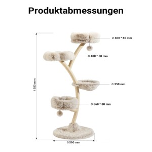 Produktabmessungen des Fudajo Designer Kratzbaums 155 cm, beige, mit Plüsch-Etagen und Sisalstamm.