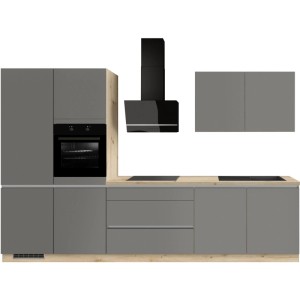 Impuls Küchenzeile 340 cm in Schiefergrau mit heller Eiche-Nachbildung, Backofen, Kochfeld, Dunstabzugshaube.