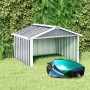Graue vidaXL Rasenmäher Garage aus verzinktem Stahl mit Mähroboter im Garten.