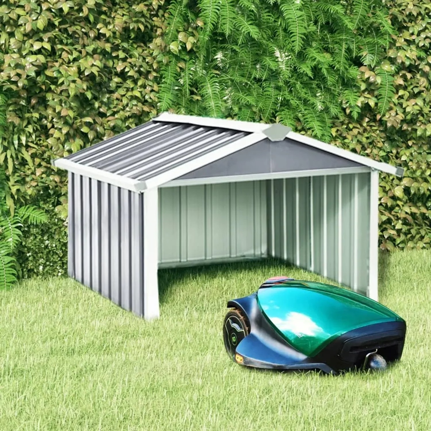 Graue vidaXL Rasenmäher Garage aus verzinktem Stahl mit Mähroboter im Garten.