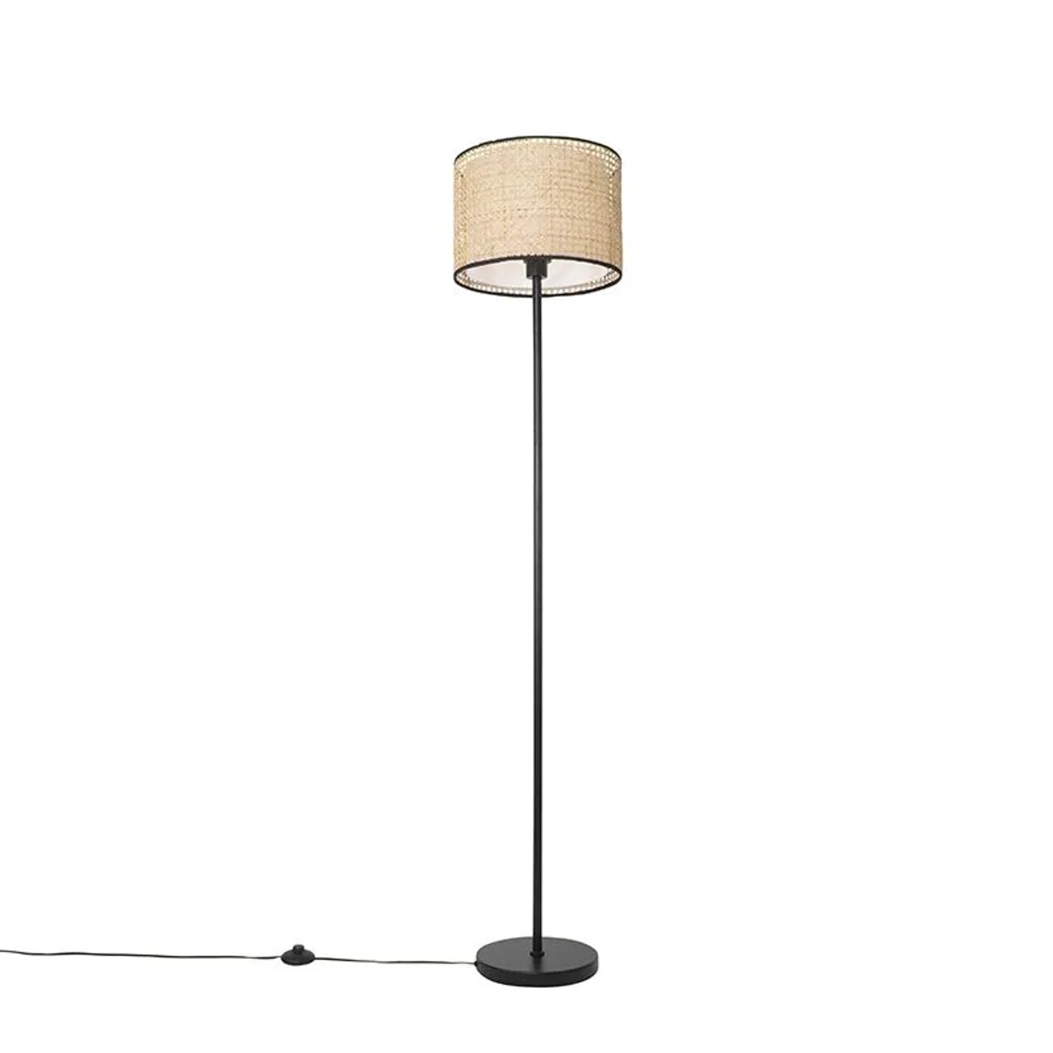 QAZQA Land Stehlampe Schwarz mit Rattanschirm Kata