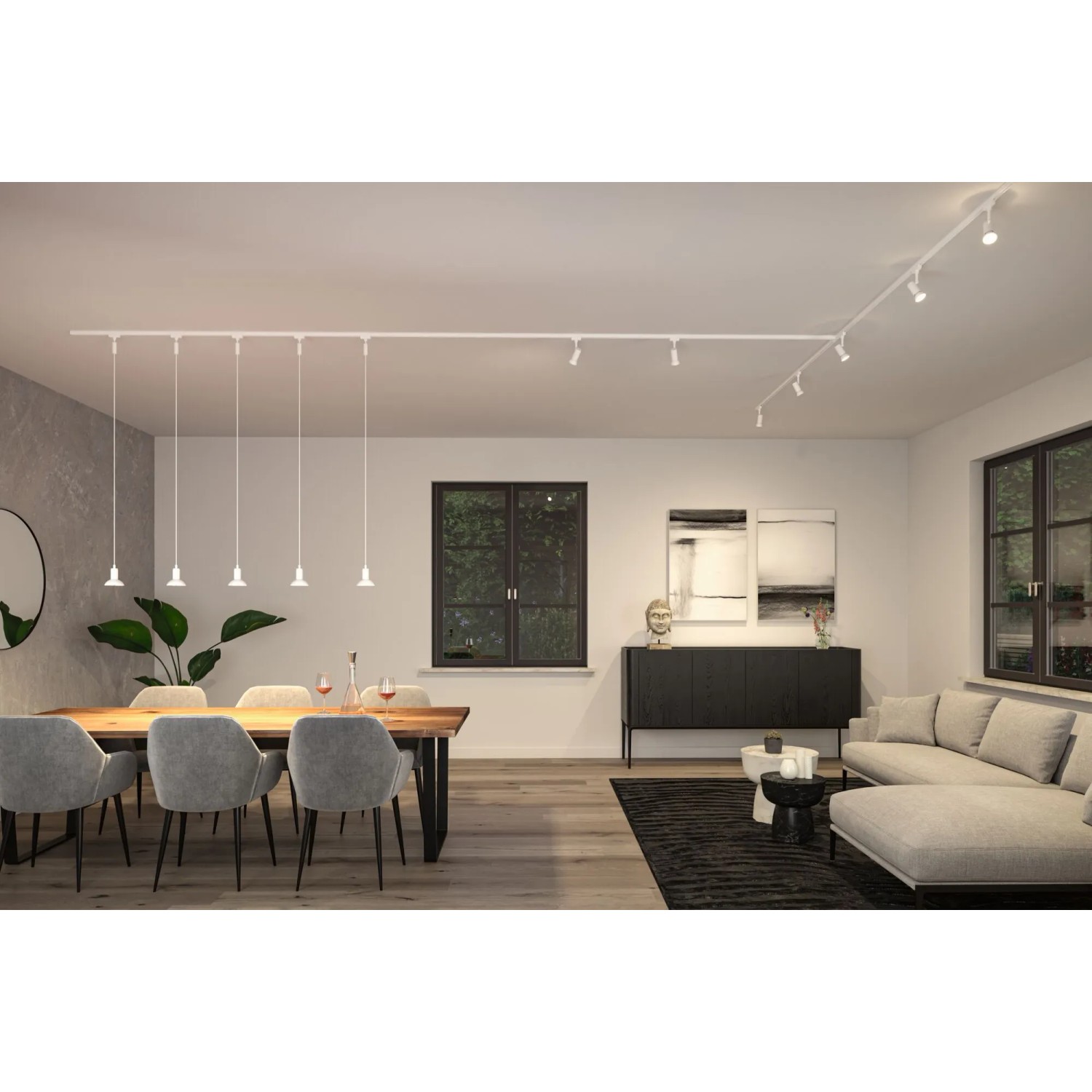 Moderne, signalweiße Paulmann URail Pendelleuchten Runa als Teil eines LED-Schienensystems im Wohnraum.