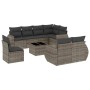 Graue 9-teilige Garten-Sofagarnitur aus Polyrattan mit dunklen Kissen und Tisch.
