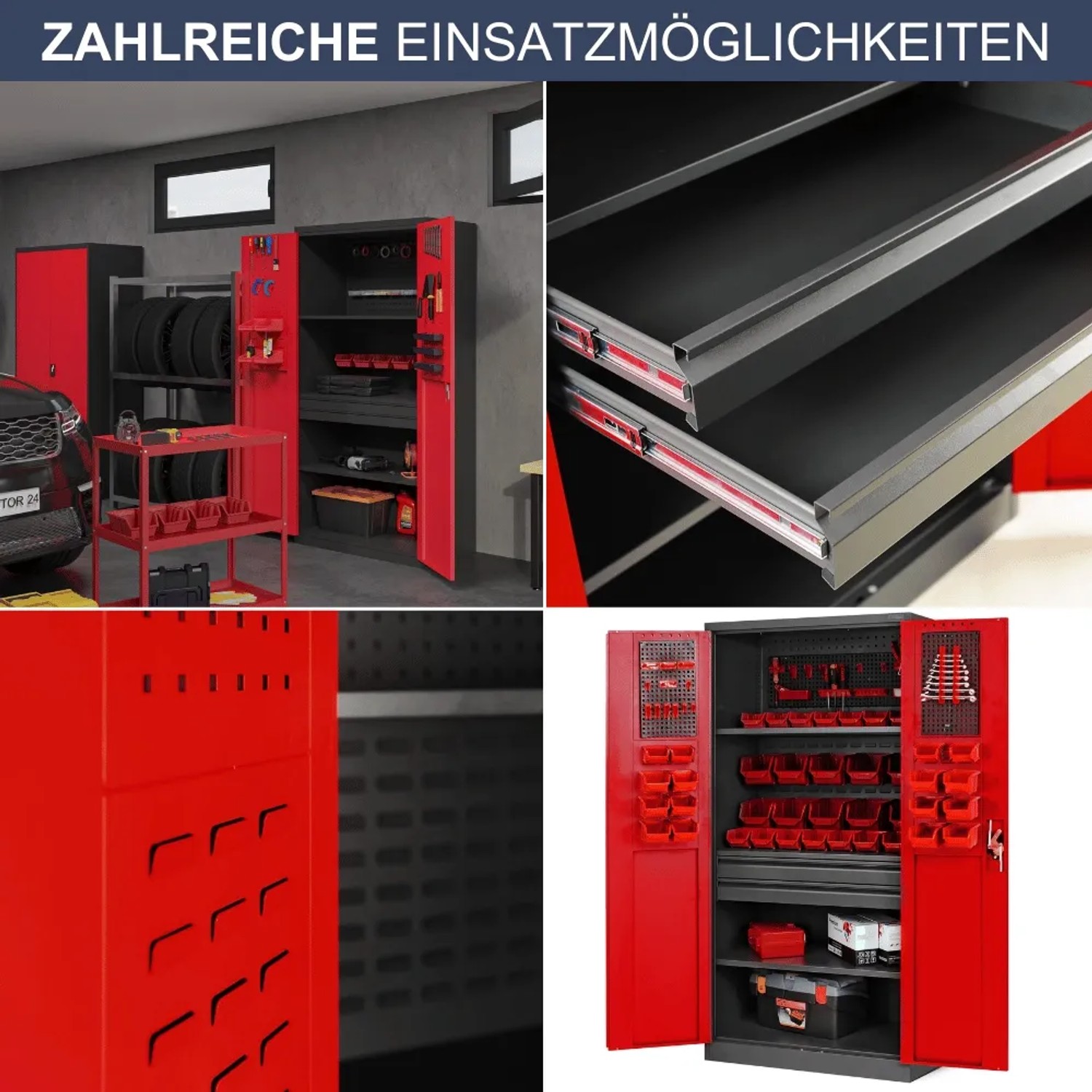 DELUKE Werkzeugschrank mit Lochwand, 185x92x50 cm, anthrazit-rot, mit Schubladen und Einlegeböden.