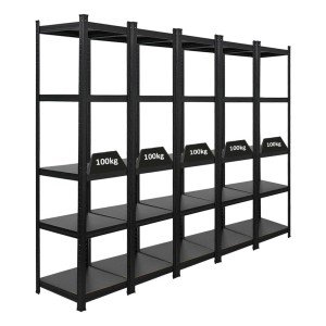 5 mattschwarze Schwerlastregale Ragnar, je 180x45x45cm, Fachlast 100kg, ideal für Garage & Keller.