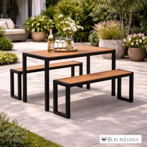 BERLINLODGE Bierzeltgarnitur MALLORCA, 3-teiliges Gartenmöbel-Set mit Tisch und Bänken in Holzoptik.