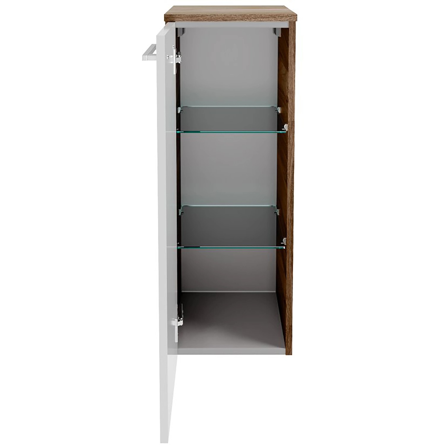 Fackelmann Hängeschrank Verona, 30 cm, Nussbaum/Weiß Hochglanz, mit offener Tür und zwei Glasböden.